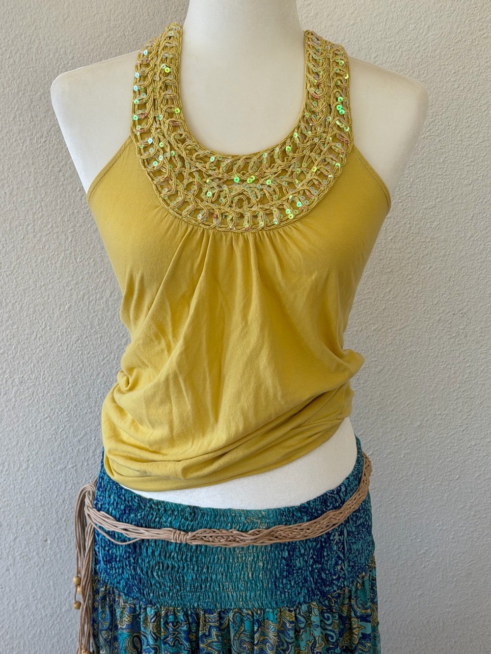 Elle Yellow Embellished Halter Tank Top